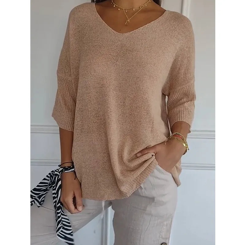 Blusa Com Decote em V de Cor Sólida