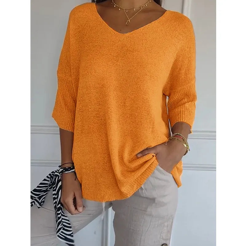 Blusa Com Decote em V de Cor Sólida