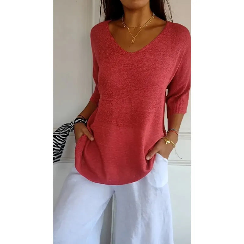 Blusa Com Decote em V de Cor Sólida