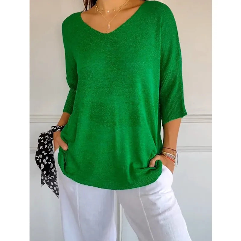 Blusa Com Decote em V de Cor Sólida