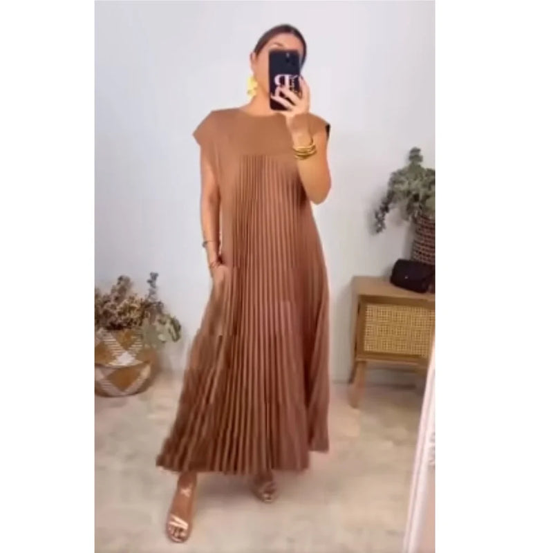 Vestido Plissado de Cor Sólida