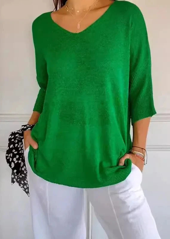 Blusa Com Decote em V de Cor Sólida