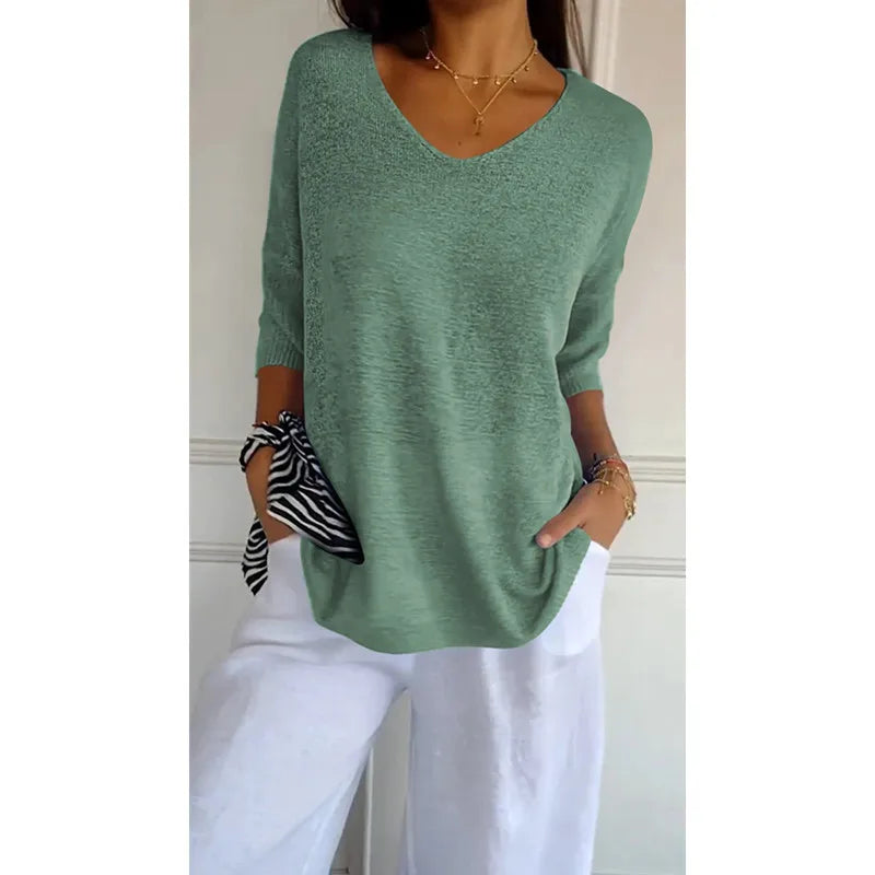 Blusa Com Decote em V de Cor Sólida