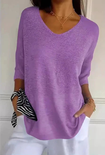 Blusa Com Decote em V de Cor Sólida